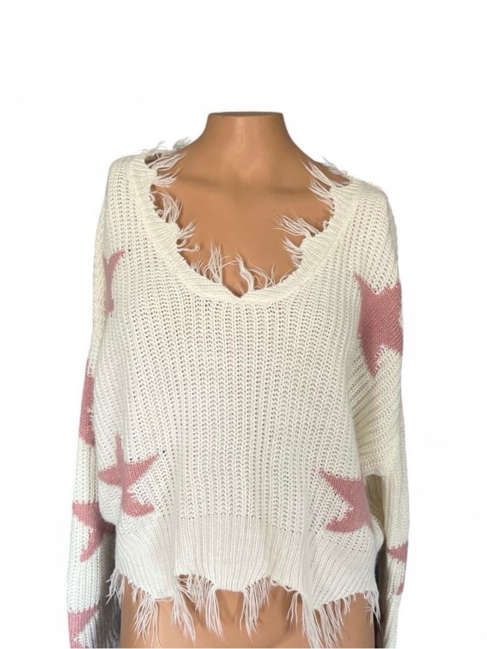 Polly & Esther Distressed Pink Star Knit Sweater Oversized